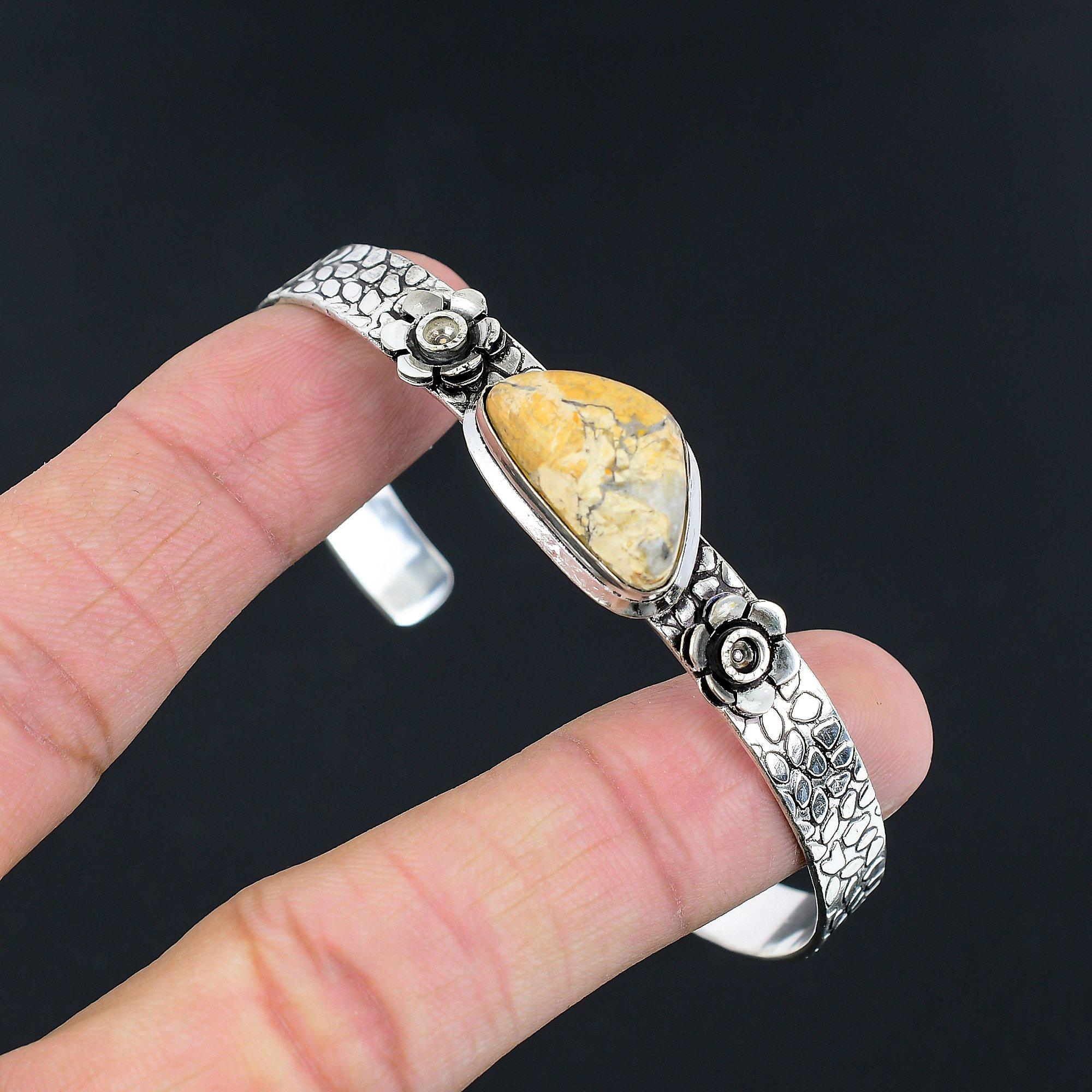 

Natural Maligano Jasper Gemstone Bangle Flower Adjustable 925 Silver For Women Adjustable