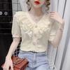 Korean Chic Ruffle Blouse Women Shirt White Chiffon Lace Blouse Sweet V-neck French Vintage Palace Style Short Sleeve Tops