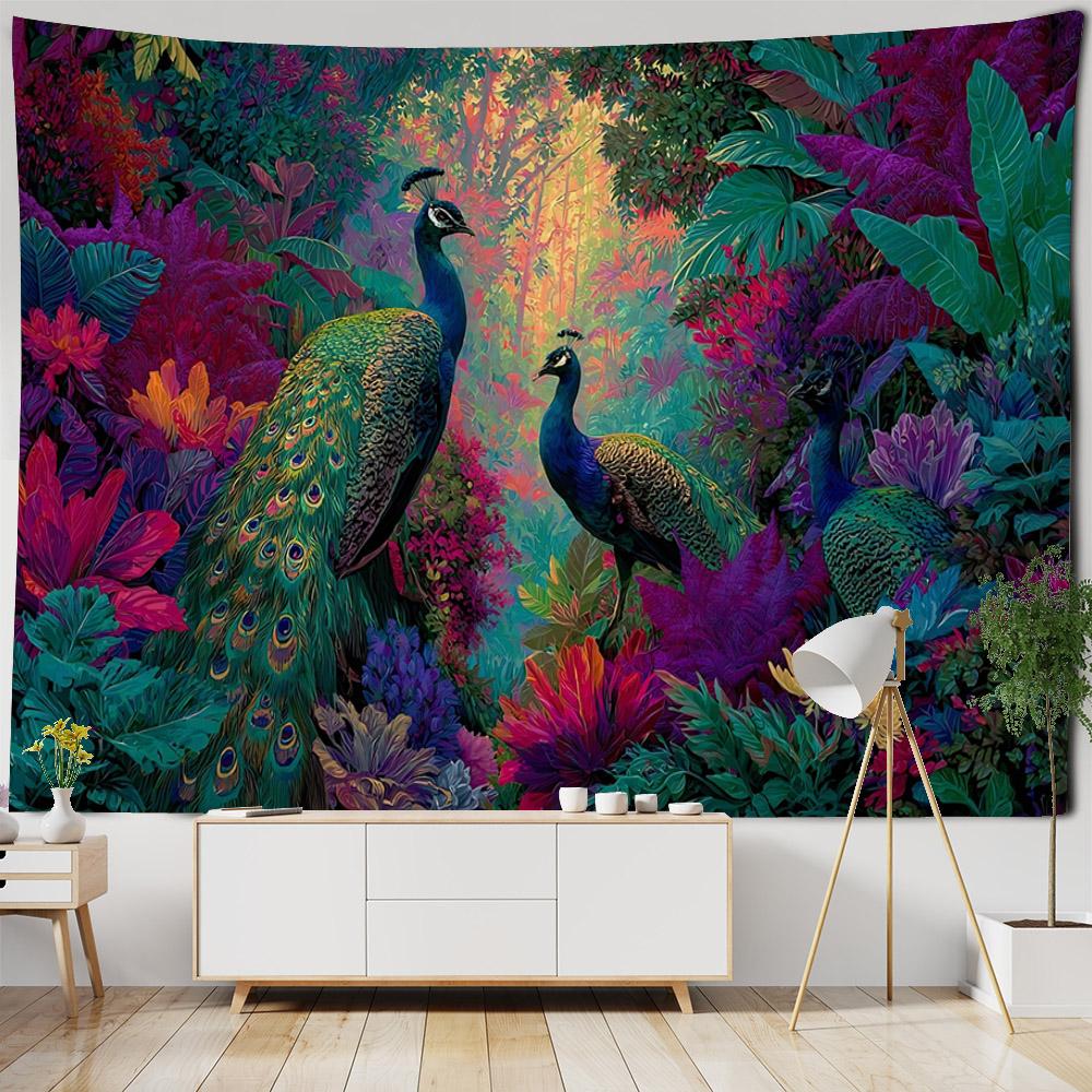 Jungle Peacock Tapestry Living Room Wall Hanging Cloth Landscape Oil Painting Mysterious Bohemian Hippie Home Art Decoration