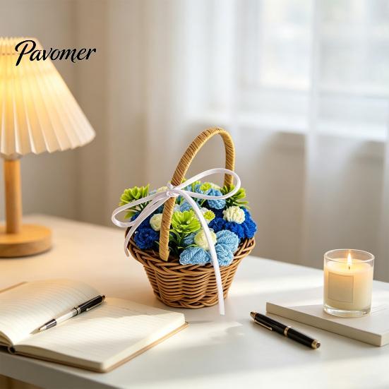 Mini Woven Basket with Flowers Hand Knitted Wool Flower Basket, Decorative Crocheted Floral Exquisite Desktop Ornaments Ribbon, Plant Ornament