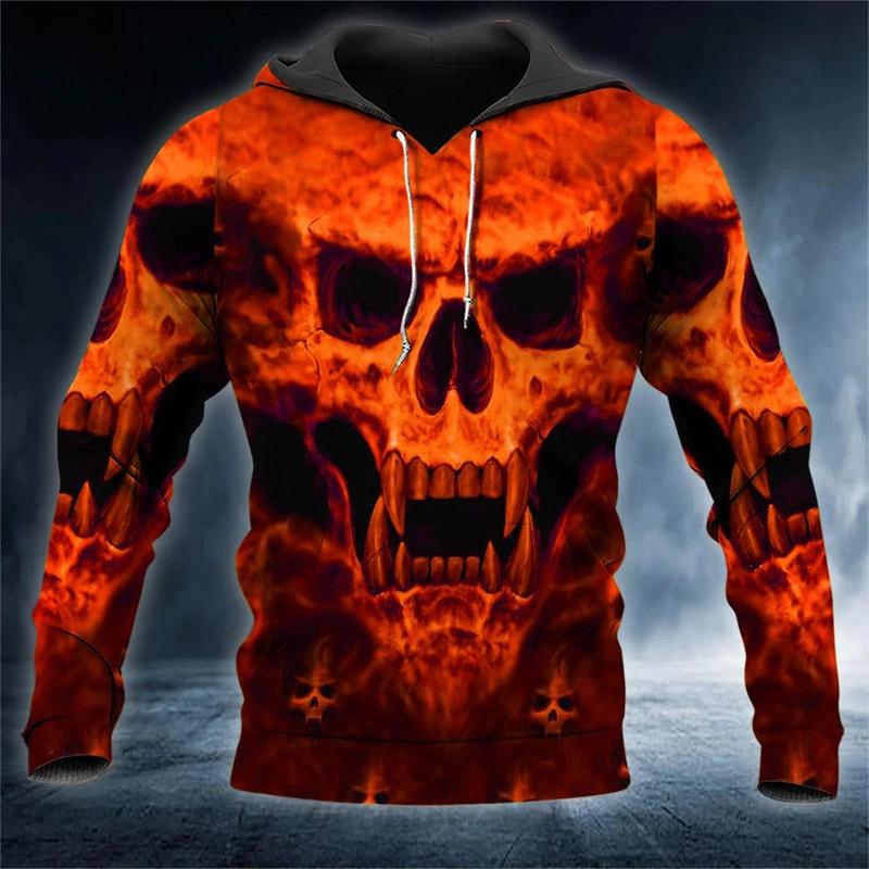 Skull Flame 3D Print Hoodies Hip Hop Street Style Outdoor Long Sleeve Hooded Sweatshirt Casual  Sports Daily Streetwear