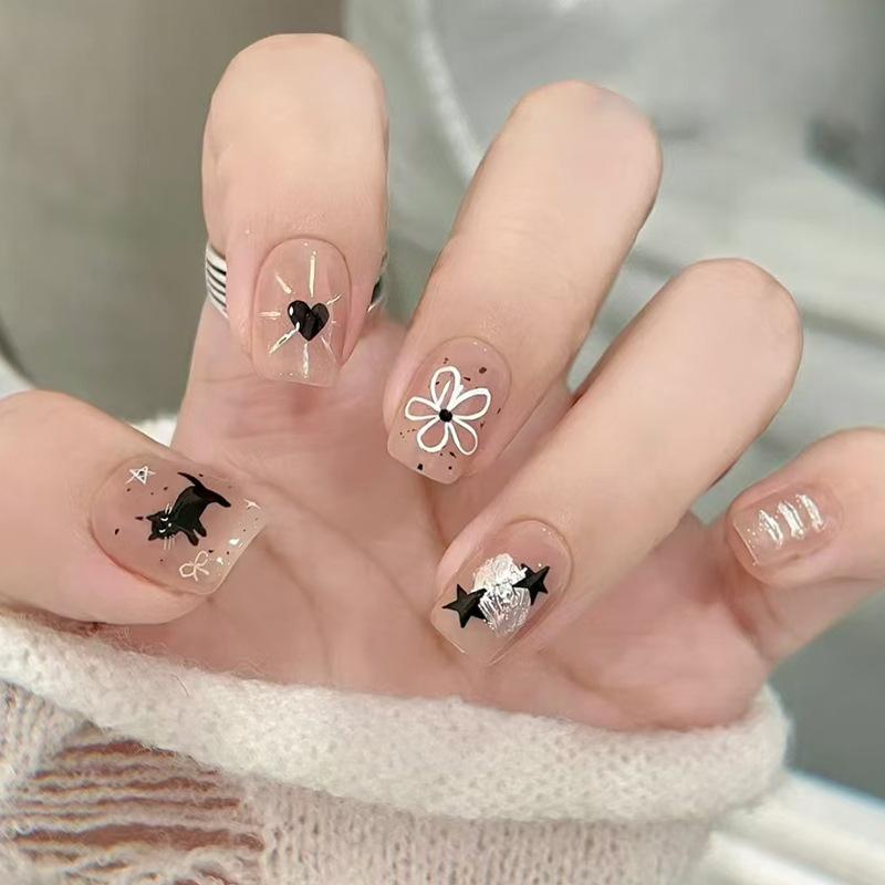 Estrela Amor Desenho Animado Gato Flor Curto Removível Nail Art 24 Peças