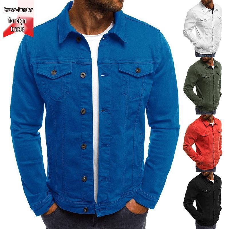 Men's European Denim Jacket: Slim Fit, Solid Color, Thick for Spring To Winter.