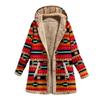Retro Winter Fleece Hooded Jacket for Women Warm Long Loose Coat Plus Size Printed Outwear with Pockets