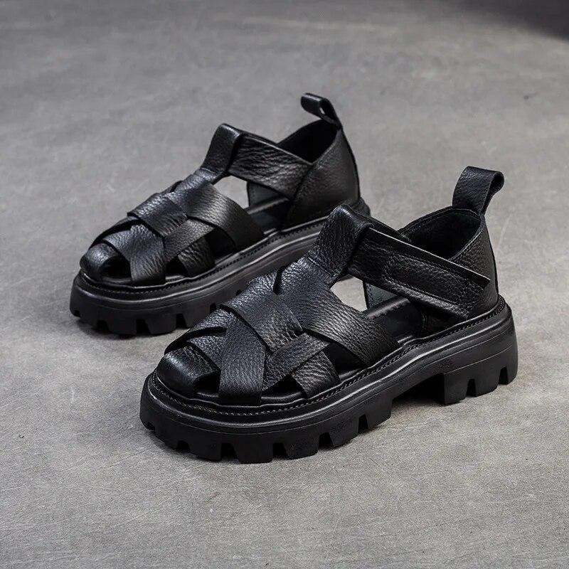 

Johnature римские сандалии из натуральной кожи с плетеной толстой подошвой, дышащая женская обувь с полыми отверстиями 35 чёрный