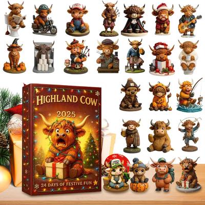 3D Highland Cow Figures Ornaments 24pcs Different Christmas Tree Highland Cow Pendants Ornament Christmas Countdown Calendar