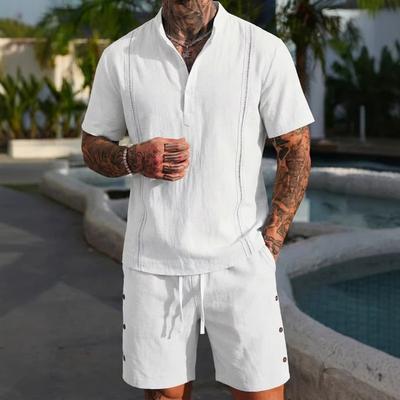 Mens 2 Piece Linen Outfit Short Sleeve Henley Shirt And Drawstring Shorts Set