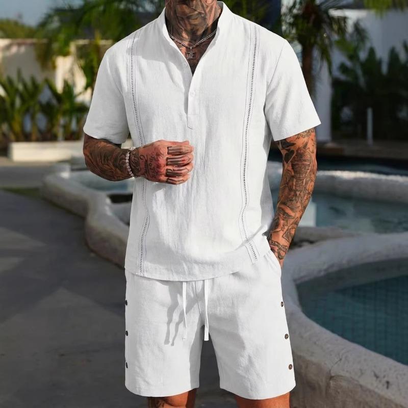 Mens 2 Piece Linen Outfit Short Sleeve Henley Shirt And Drawstring Shorts Set S