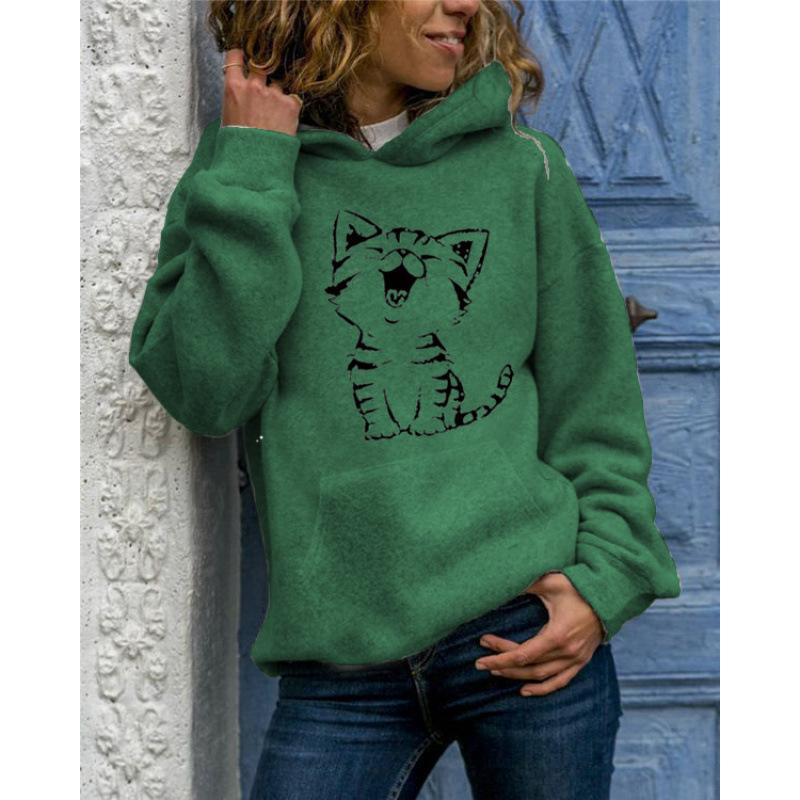 2025 New Solid Color Pullover Sweatshirt Animal Print Round Neck Hooded with Kangaroo Pocket Versatile Casual Women's Tops Coat