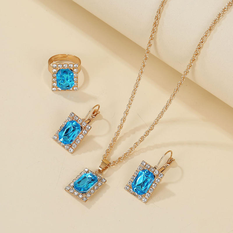 Necklace Earring Ring Three Piece Set Women's Water Droplet Heart-shaped Rhinestone Sets Fashionable Bridal Accessory