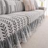 1Pc Wheat Jacquard Stretch Polar Fleece Sofa Cover With Lace Ruffle Hem Contrast Colour Sofa Slipcovers For Living Room Couch