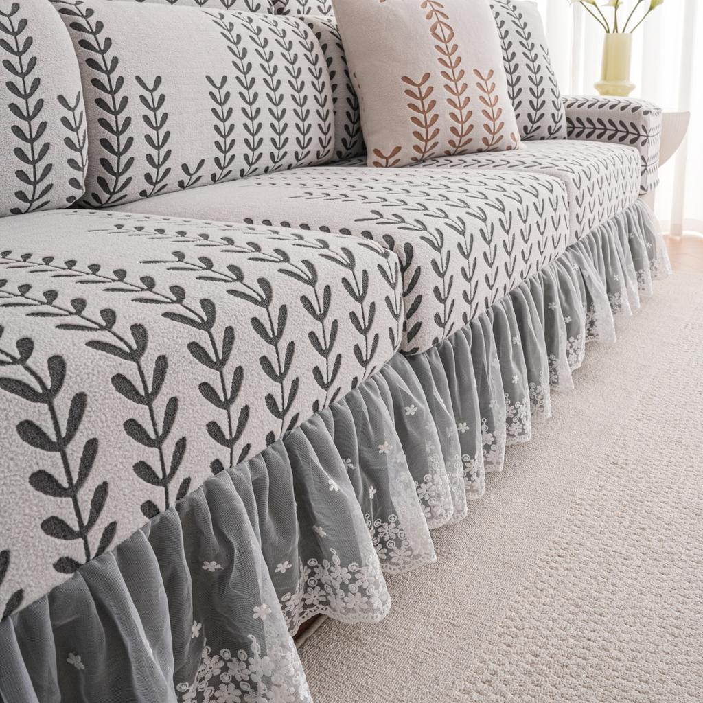 1Pc Wheat Jacquard Stretch Polar Fleece Sofa Cover With Lace Ruffle Hem Contrast Colour Sofa Slipcovers For Living Room Couch