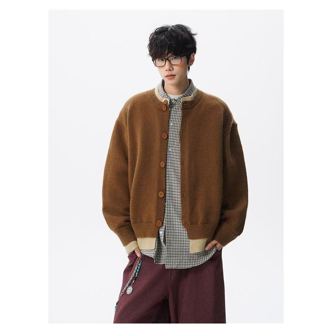 

Men s Winter Korean Style Contrast Patchwork Two-Piece Faux Cardigan Sweater - Rascally Cool Couple Knitwear Top XL кавовий