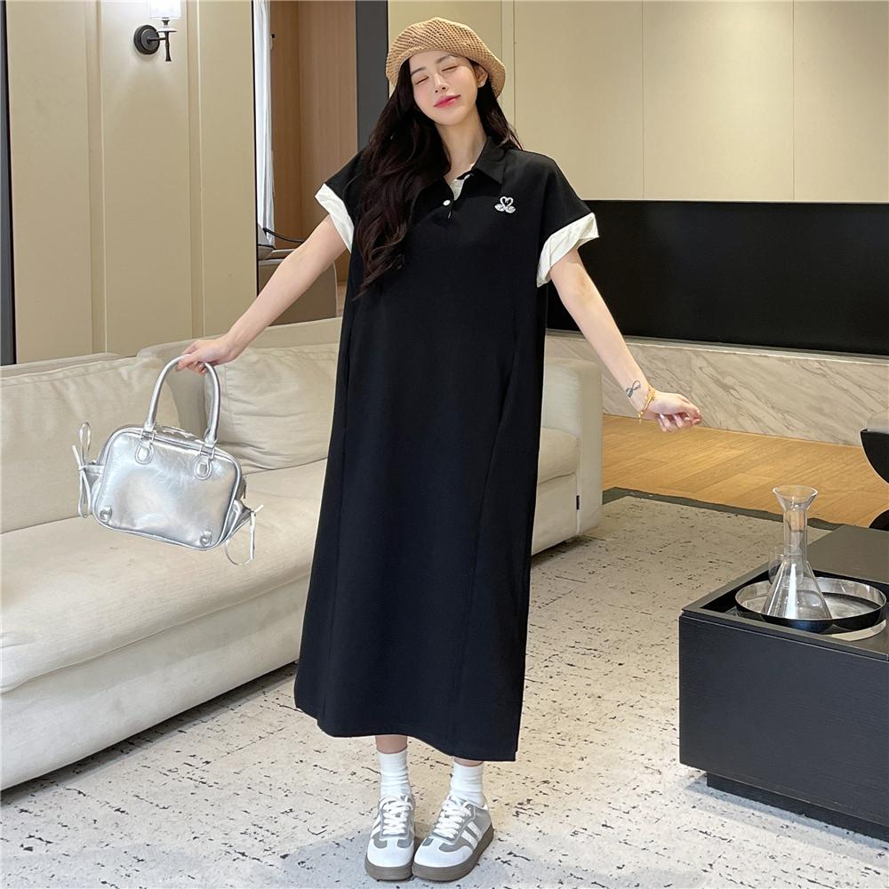 

DIMANAF 2025 Летнее платье больших размеров для женщин Повседневное винтажное платье Базовое свободное длинное платье-рубашка с коротким рукавом Хлопок 3XL чёрный