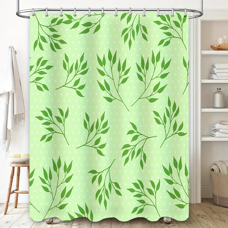 Green Leaf Print Shower Curtain Home Bathroom Decor with White Polka Dots Pattern Wall Hanging Water Splash Protection Waterproo