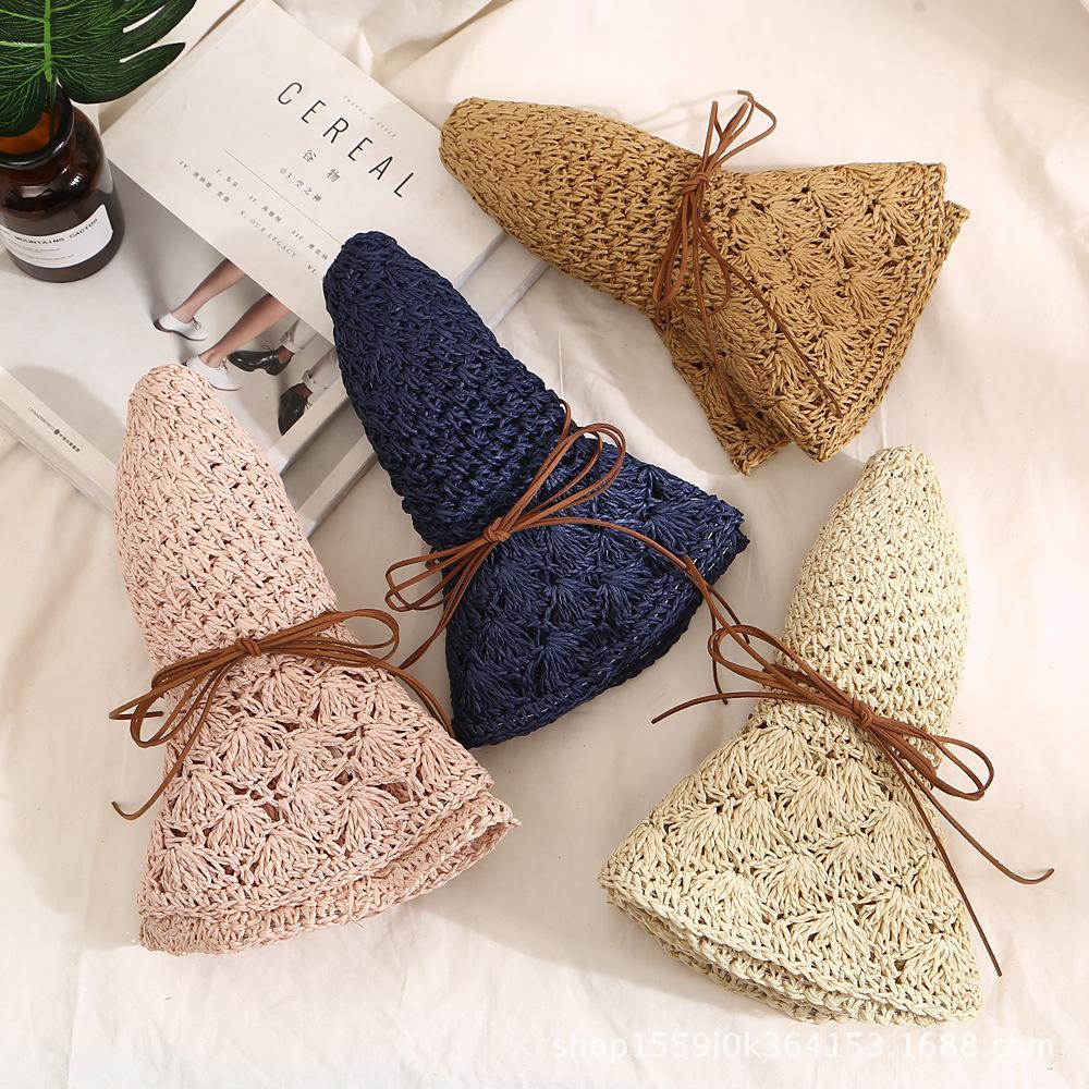Summer Solid Handmade Crochet Paper Straw Bucket Hat For Women Wide Brim Belt Butterfly Beach Sunshade Breathable Fisherman Cap