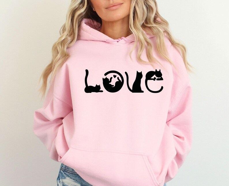 Autumn And Winter Love Cat Pattern, Printed Long-Sleeved Top Trendy Fashion Women'S Hooded Sweater