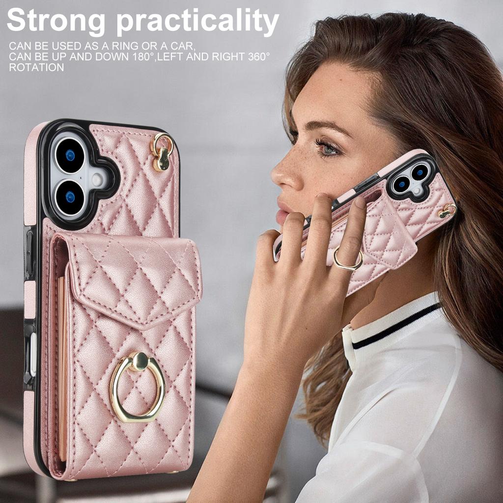 For iPhone 17 Case RFID Blocking Card Bag Leather + TPU Crossbody Phone Cover with Ring Kickstand