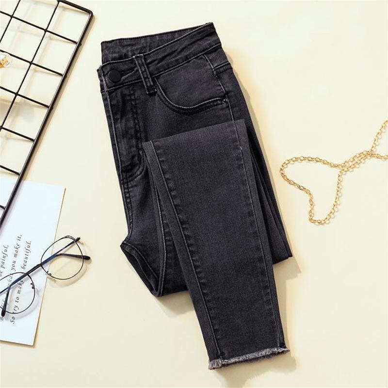2025 High-Waisted Slimming Elastic Denim Skinny Pencil Pants with Frayed Edges – Trendy Korean Style for Spring and Autumn