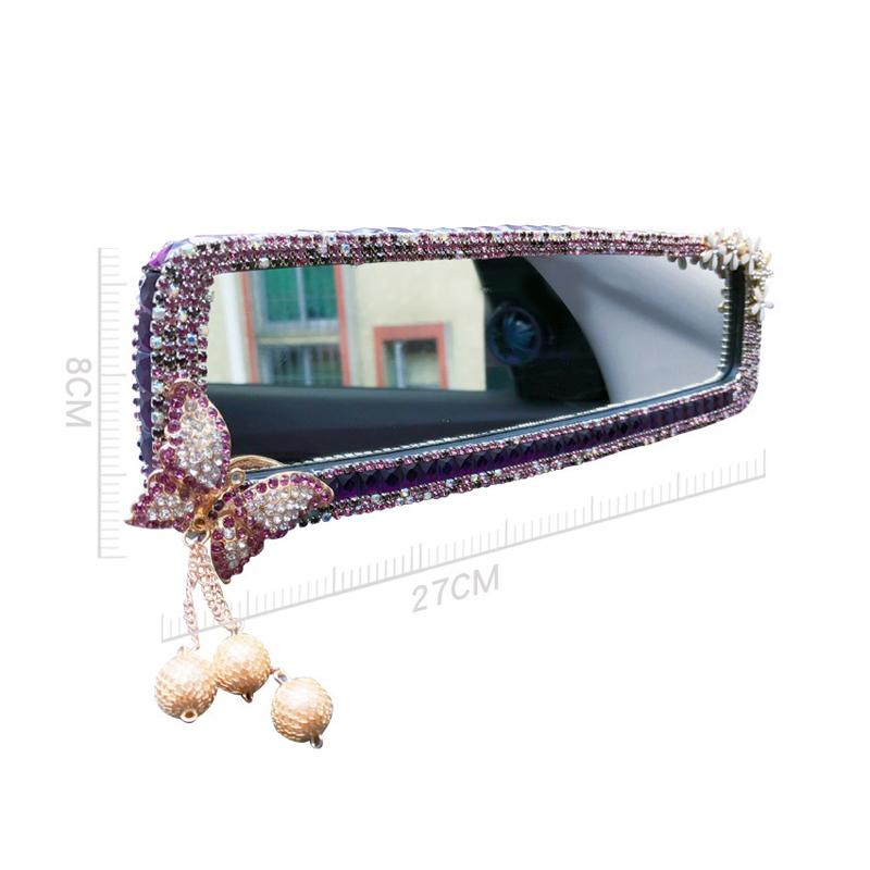Pink Rhinestone Car Interior Rearview Mirror Cute Butterfly Wind Chimes Ornament Decorative Cover Rear Mirror Accessories Women