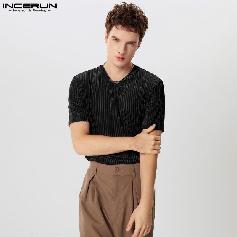 

INCERUN Летние мужские футболки с коротким рукавом и круглым вырезом, повседневные блестящие футболки чёрный