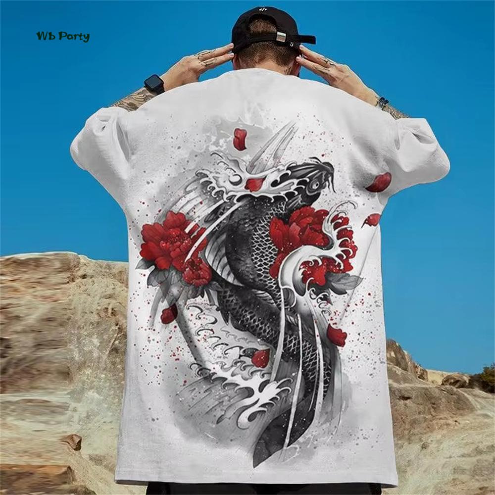 Japanese Ukiyo-E Men's T-Shirt Yin Yang Fish Printed Short Sleeve T-Shirt Oversized Casual Tops Summer Fashion Outdoor Clothing