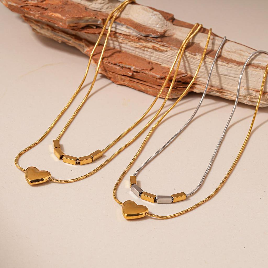 Stainless Steel Double Layer Heart, Star & Round Bead Necklace - Fashionable Clavicle Chain for Women, European, American High-End Style