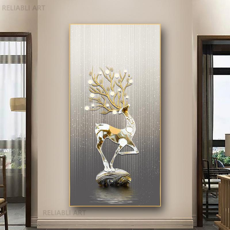 New Chinese Fengshui Golden Deer Canvas Painting Abstract Zen Stone Posters and Prints Modern Luxury Wall Art for Porch Decor