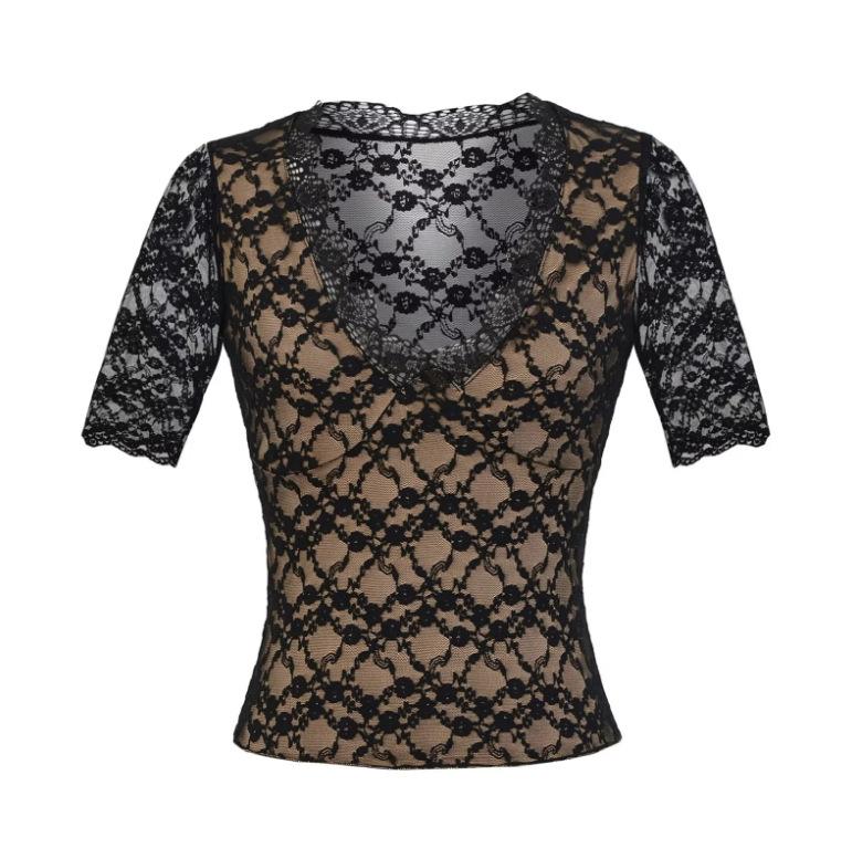 Lace V-neck Splicing Medium-sleeved T-shirt Women's Summer New Spice Girl Slim-fitting Waist Bottoming Shirt Five-quarter-sleeved Top