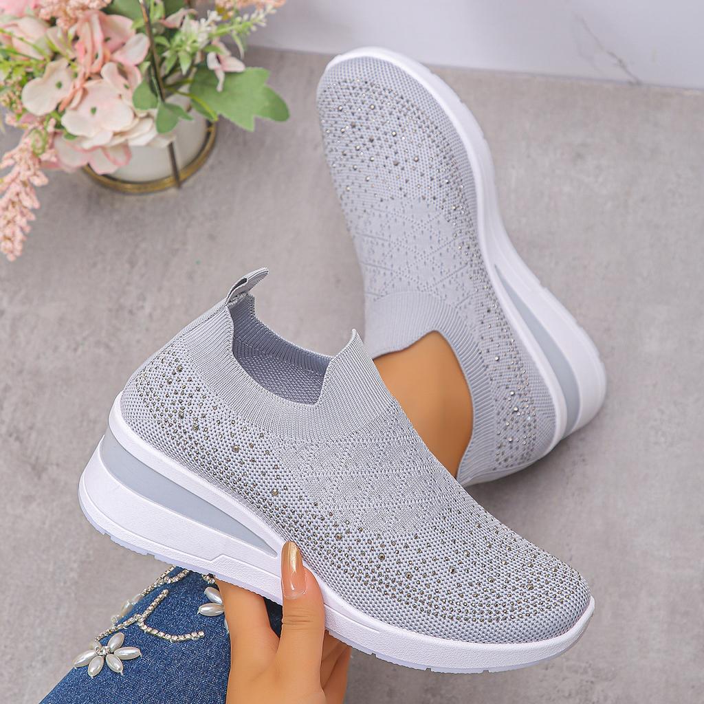 Fashion Autumn Women's Fashion Rhinestone Sneakers Breathable Mesh Slip On Flat Shoes for Outdoor Casual Wedges Women Vulcanize Shoes