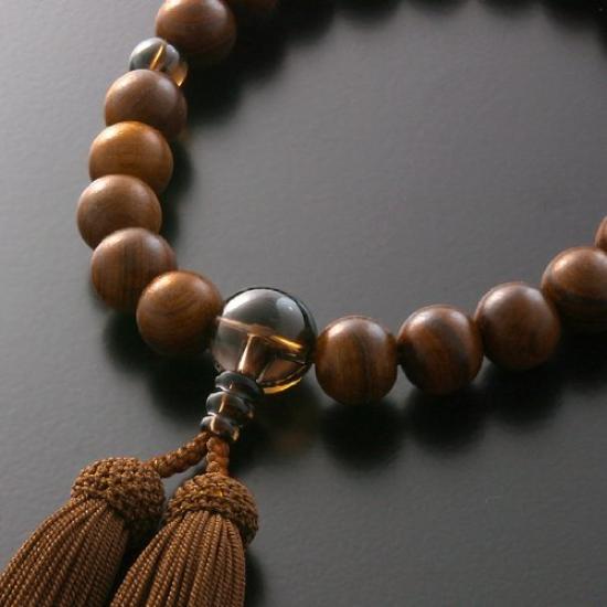 Men's Buddhist Prayer Beads by Kyoto Butsudan Hayashi, Pure Silk with a Tassel, Sandalwood, and Brown Quartz Finish [Prayer Beads Bag Included],