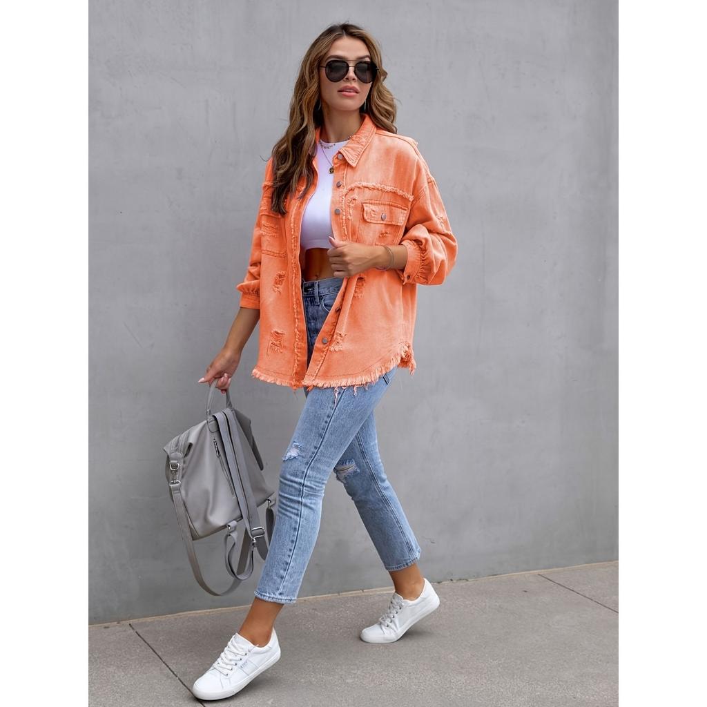 Denim Jacket Women Solid Color Loose,Jacket Hole Breaking Long Sleeve Women's Denim Shirt