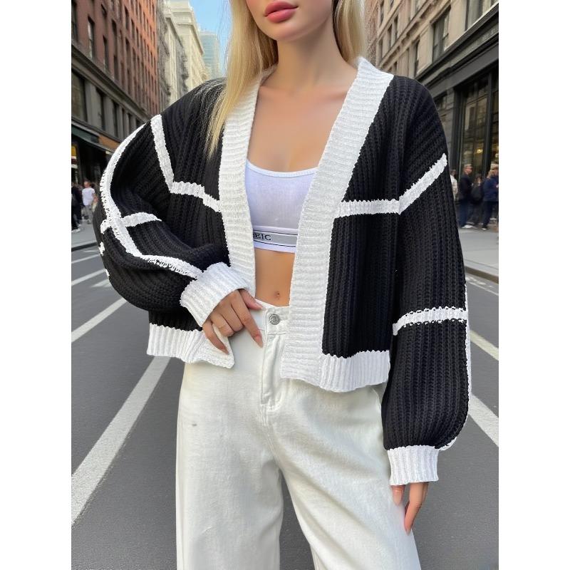 

Women s temperament V-neck knitted sweater jacket solid color loose long-sleeved versatile top sweater women one size fits all