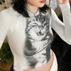Harajuku Mosaic Cat Print Oříznutý Top Ležérní Základní Trička s dlouhým rukávem Crew Neck Přiléhavá trička Y2K