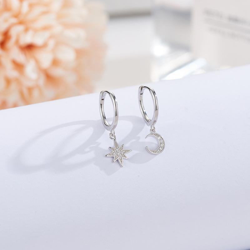 Sterling Silver Gold Star Moon Zircon Hoop Earrings for Women Jewelry 2021 серебряный