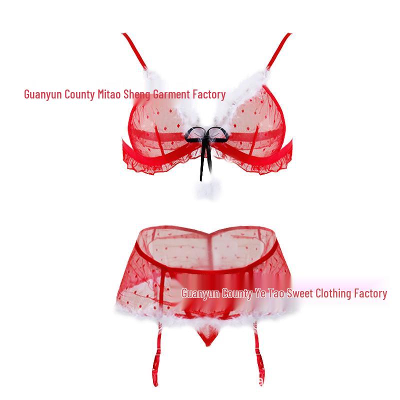Christmas Lingerie Bikini Set: Mesh Three-Piece with Garter