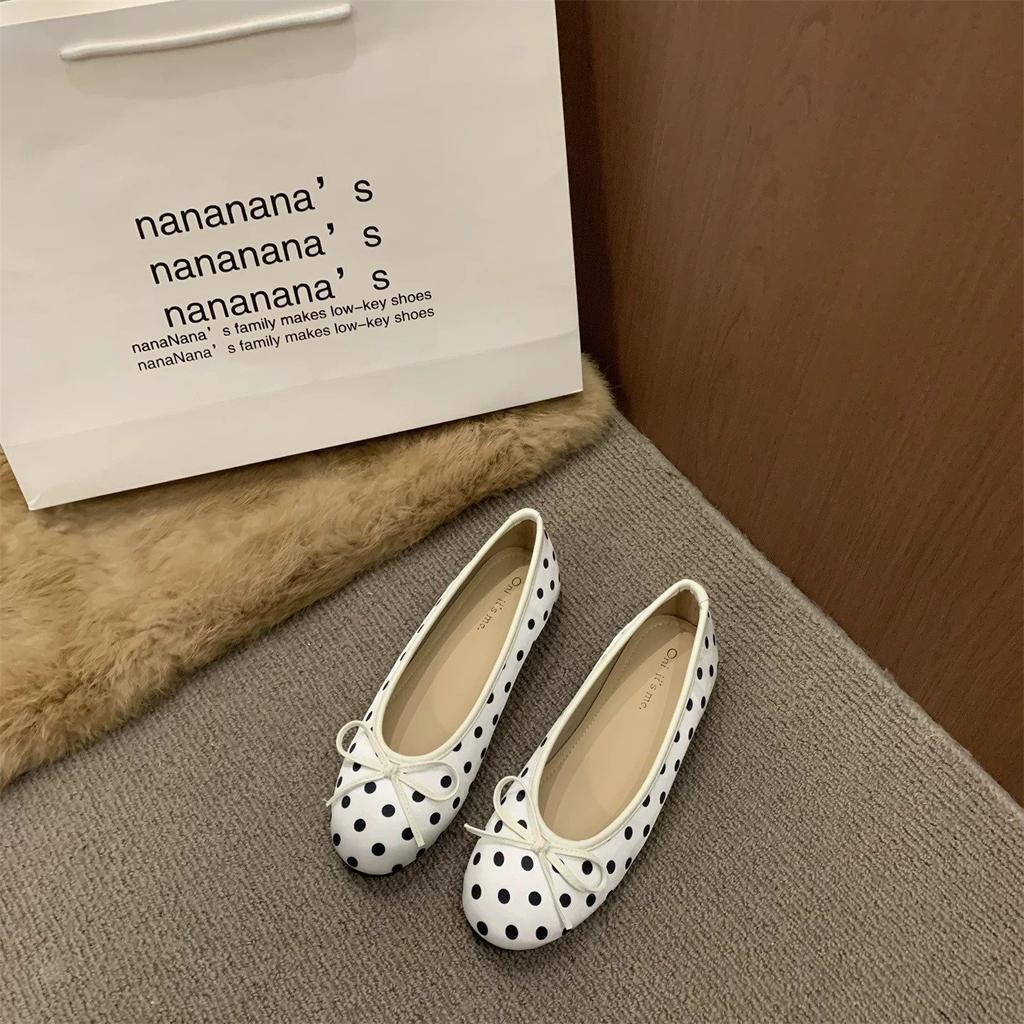 Soft-Soled French Spring Polka Dot Mary Jane Single Shoes Women'S One-Pedal Ballet Shoes Bow Flat Bottom