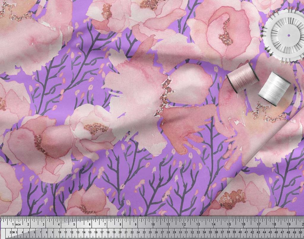 Soimoi Japan Crepe Satin Fabric Peony Watercolor Printed Craft Fabric by the metre 42 Inch