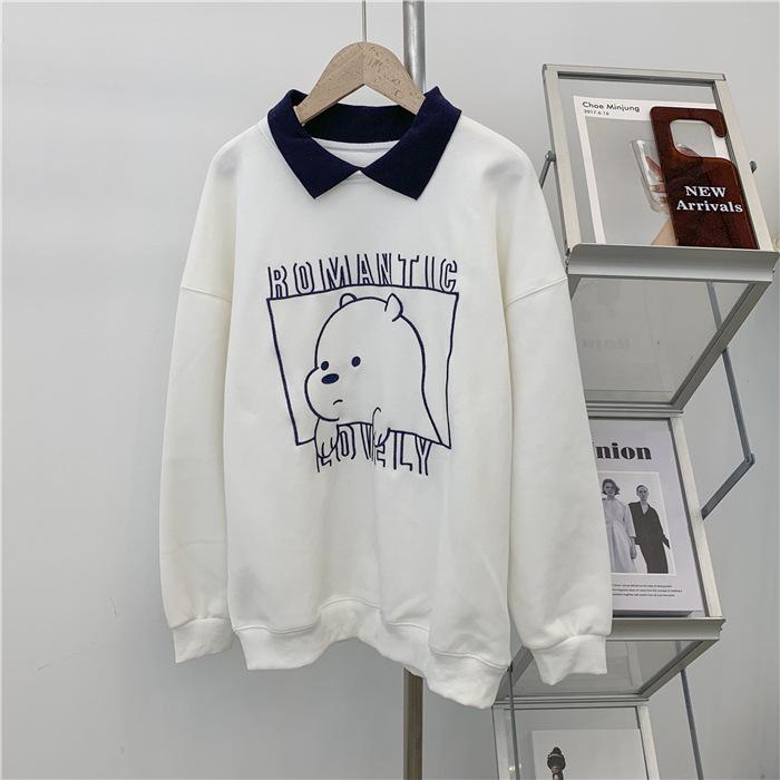 

Женский милый свитшот с медведем: Куртка в корейском стиле, тонкая, свободного кроя, с воротником поло, для осени/зимы XL (for 65-75 kg) белый