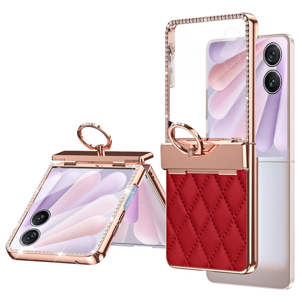 For Honor Magic V Flip 2 Case Ring Holder Rhinestone Leather+PC Cover with Rear Screen Film