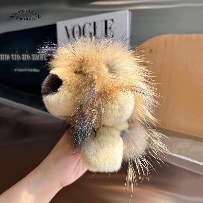Cute Lion Real Rex Rabbit Fur Keychain Plush Toys Trinkets Women Bag Ornaments Pendant Car Keyring Rearview Mirror Decoration