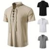 Men's Retro Shirt Short Sleeve Cotton Linen Lightweight Breathable Solid Color Fashion Tops Pirate V-neck Male Stylish Shirs