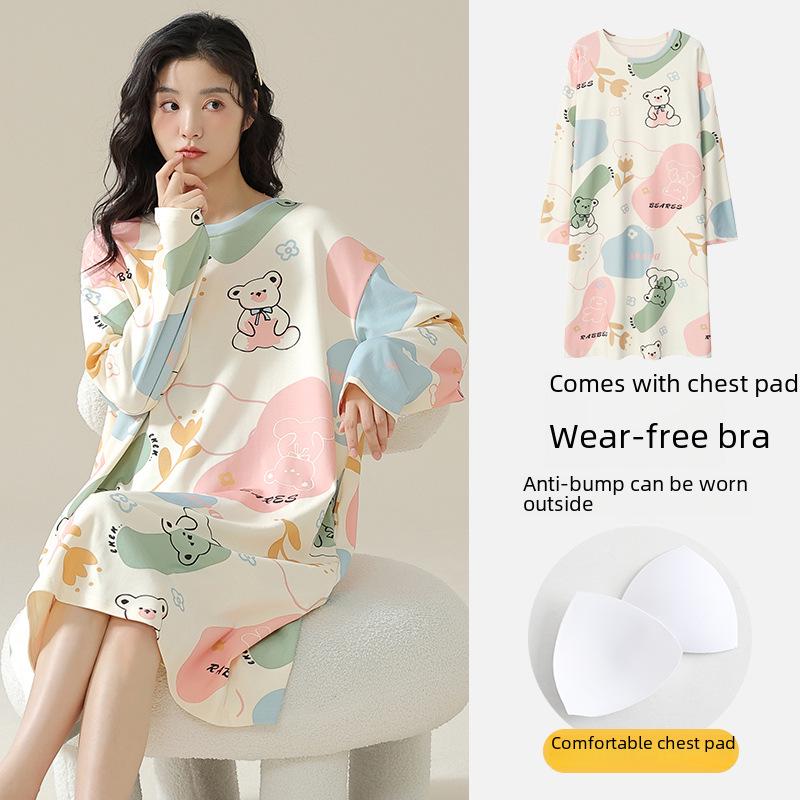 

2023 Women s Long-Sleeve Cotton Nightdress with Chest Pads - Lightweight, Anti-Bump Pajamas for Spring, Autumn, and Winter M Women [80-95 lbs]