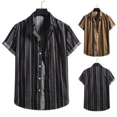 Men's Fashion Cotton Linen Stripe Print Short Sleeve Button Shirt Blouse Top