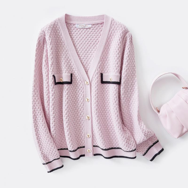 Spring and Autumn Solid Color V-Neck Long-Sleeved Jacket with Contrasting Design Women's Knitted Sweater