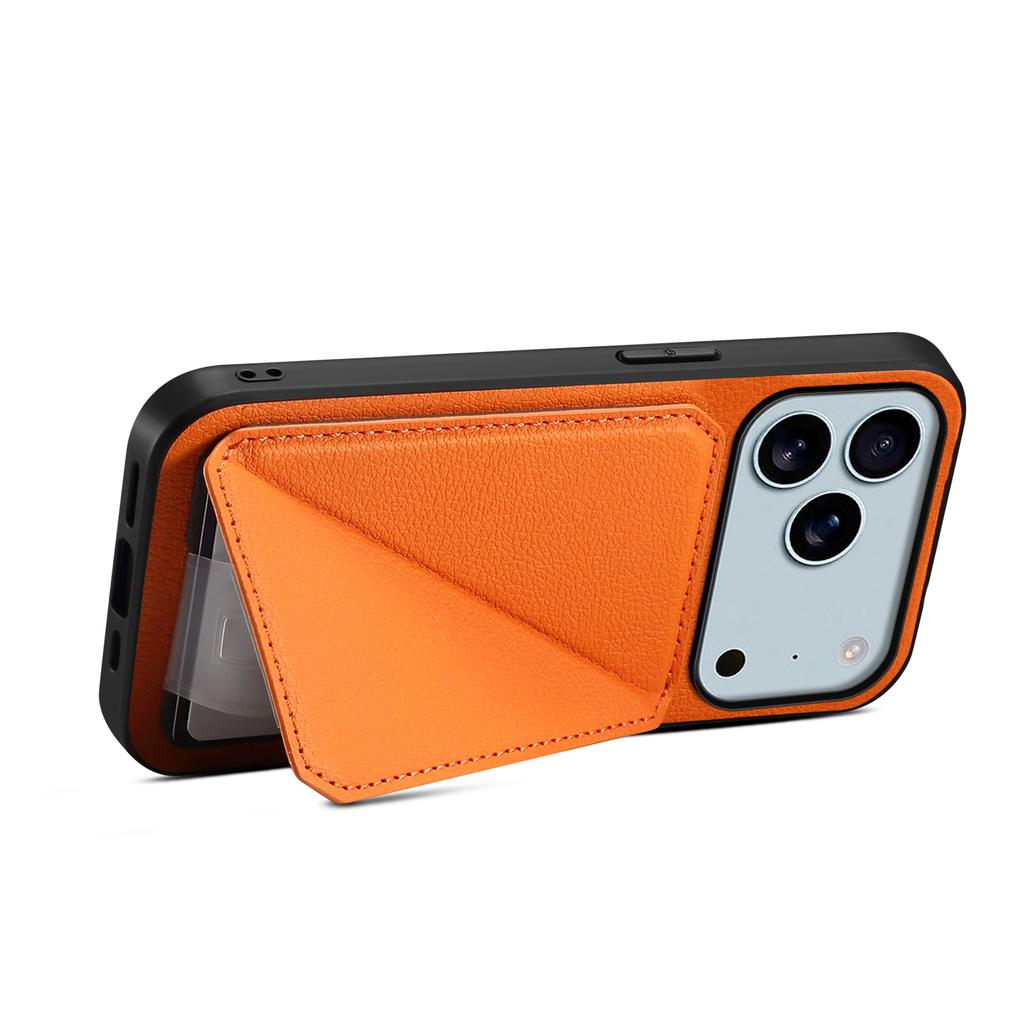 For iPhone 17 Pro Case Card Holder Kickstand Calf Textured Leather + PC + TPU Phone Cover