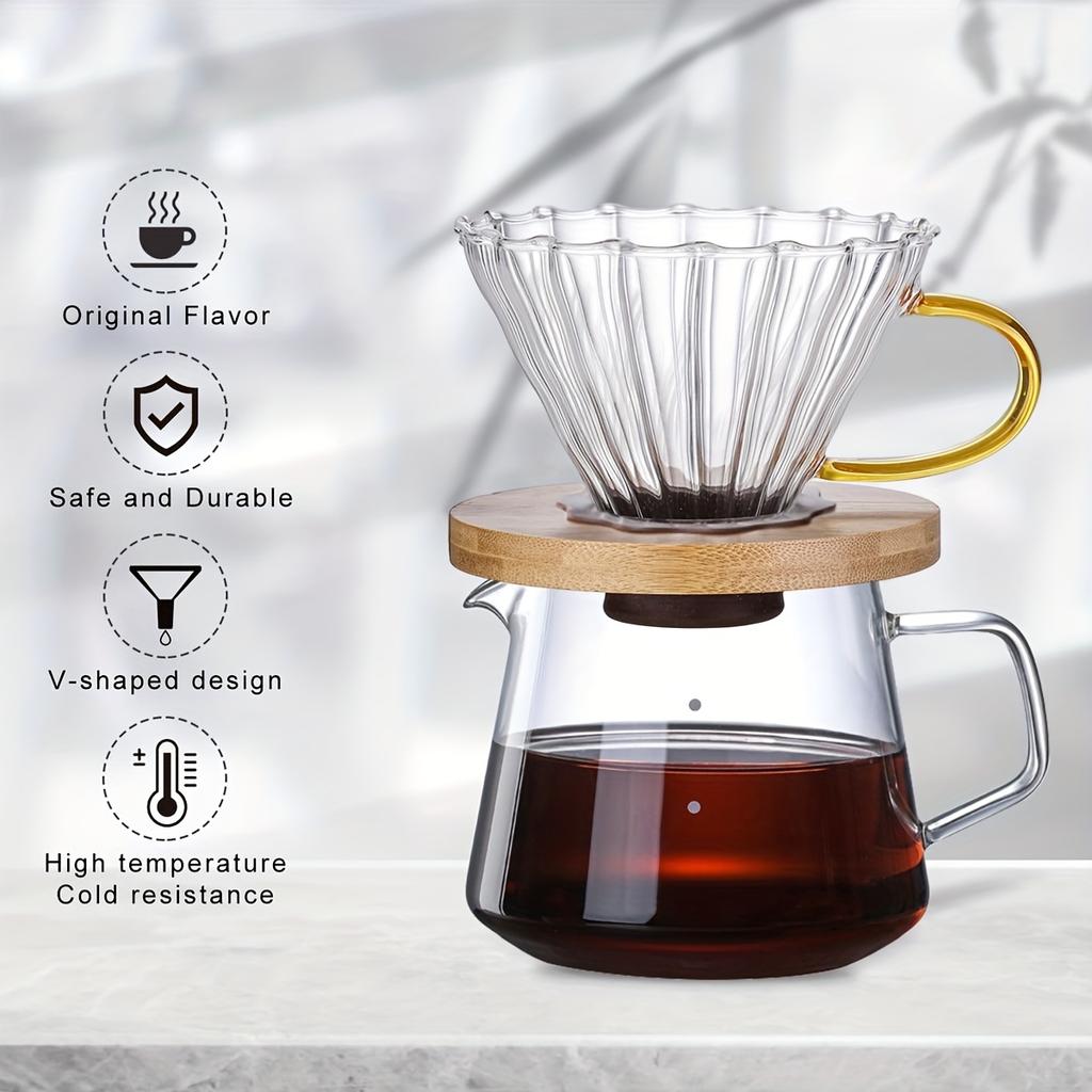 Glas Kaffeefilter/Dripper - Konischer Glas Pour Over Kaffeefilter mit Bambusständer & Griff, 1-4 Tassen Tropfzubehör
