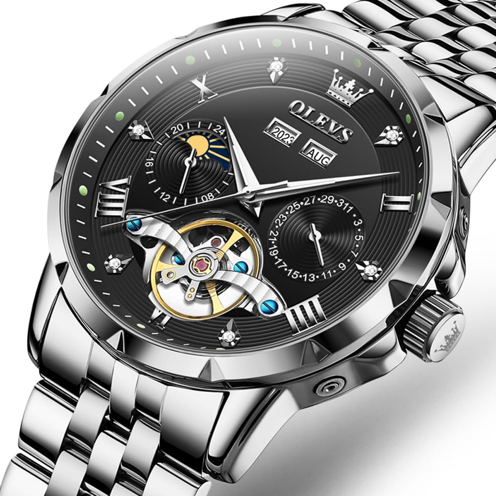 OLEVS Mechanical Automatic Winding Moon Phase Stylish Skeleton Waterproof Popular Watch Luminous Watch for Men Black White Men's &