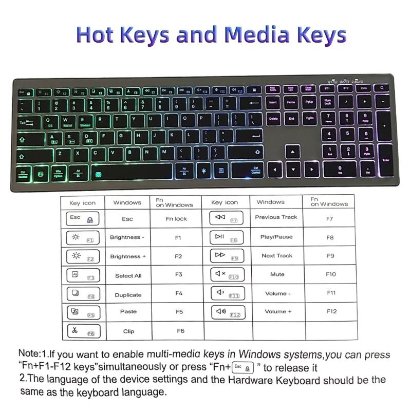 Rechargeable Bluetooth-compatible Keyboard 110Key Wide Compatibility Support 7 Color Backlit Quiet Typing