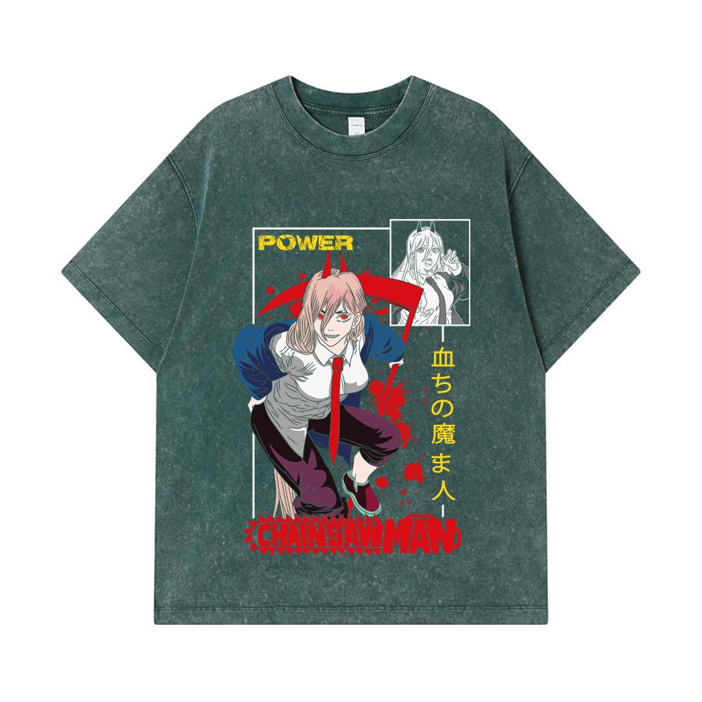 275 GSM Washed T-shirts 100% Cotton Chainsaw Man V40 Power Print Unisex Heavy Cotton T Shirt